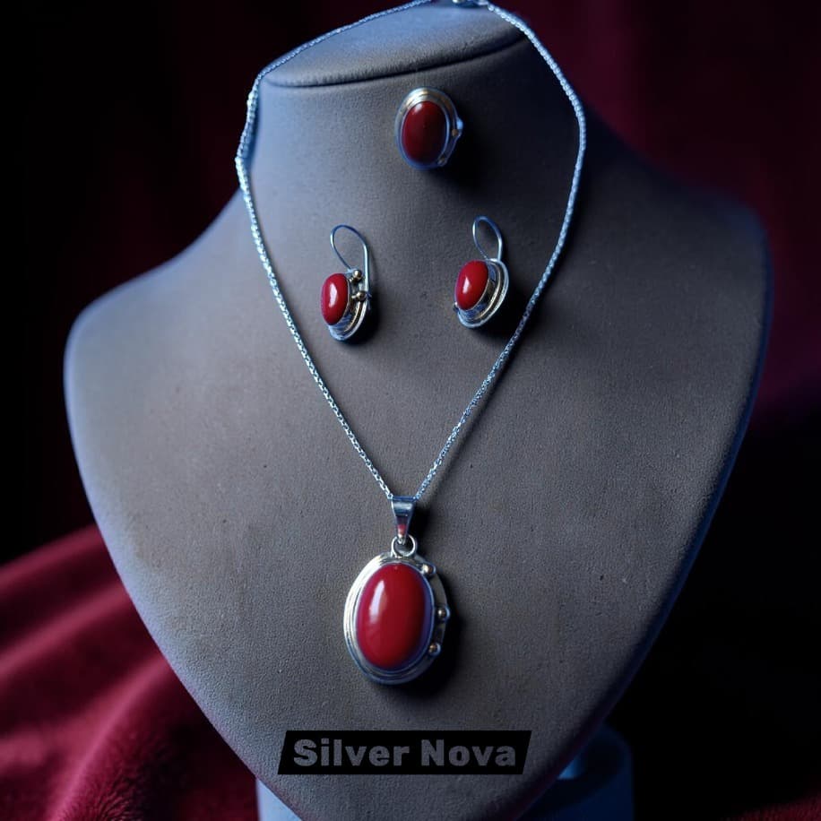 Mercan taşlı bayan gümüş set